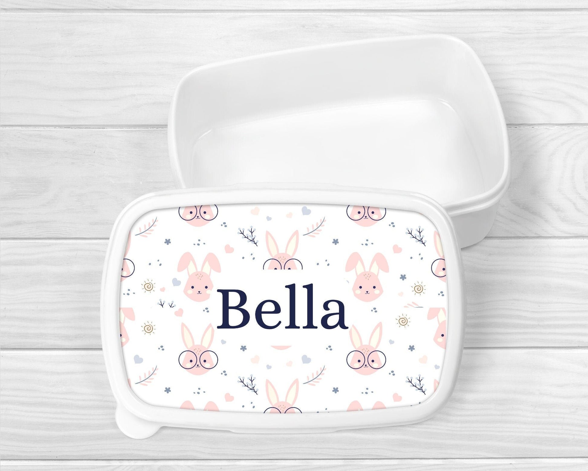 Personalised Lunch Snack Box Girls Pink Bunny Back To School Nursery Pot