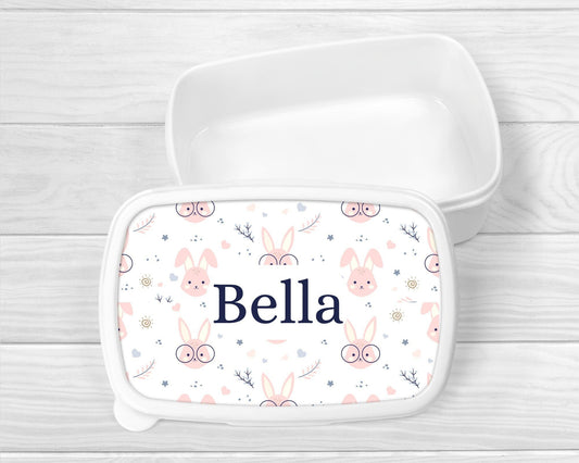 Personalised Lunch Snack Box Girls Pink Bunny Back To School Nursery Pot