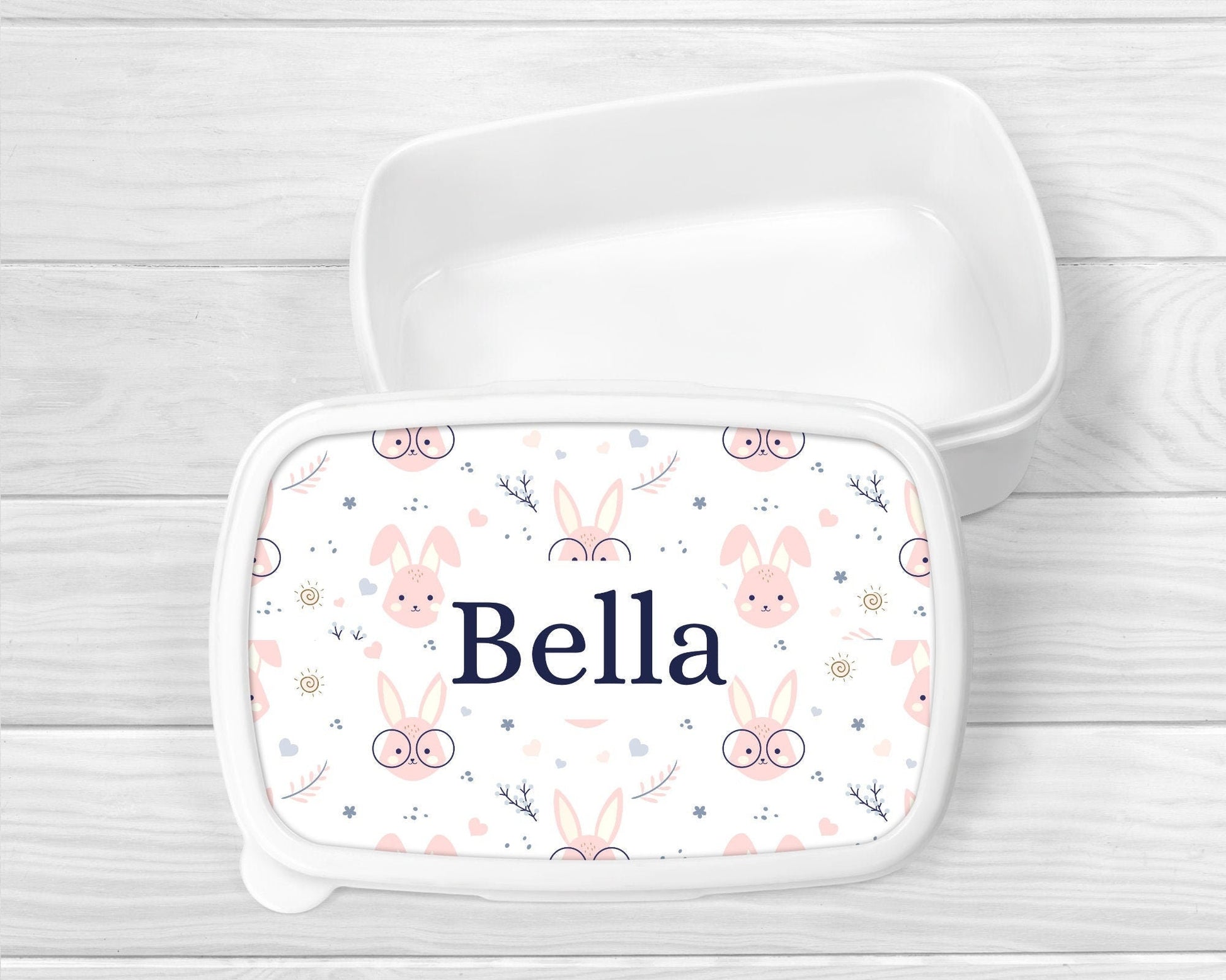 Personalised Lunch Snack Box Girls Pink Bunny Back To School Nursery Pot