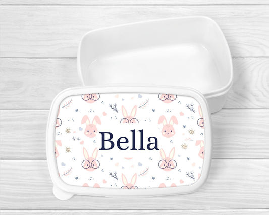 Personalised Lunch Snack Box Girls Pink Bunny Back To School Nursery Pot