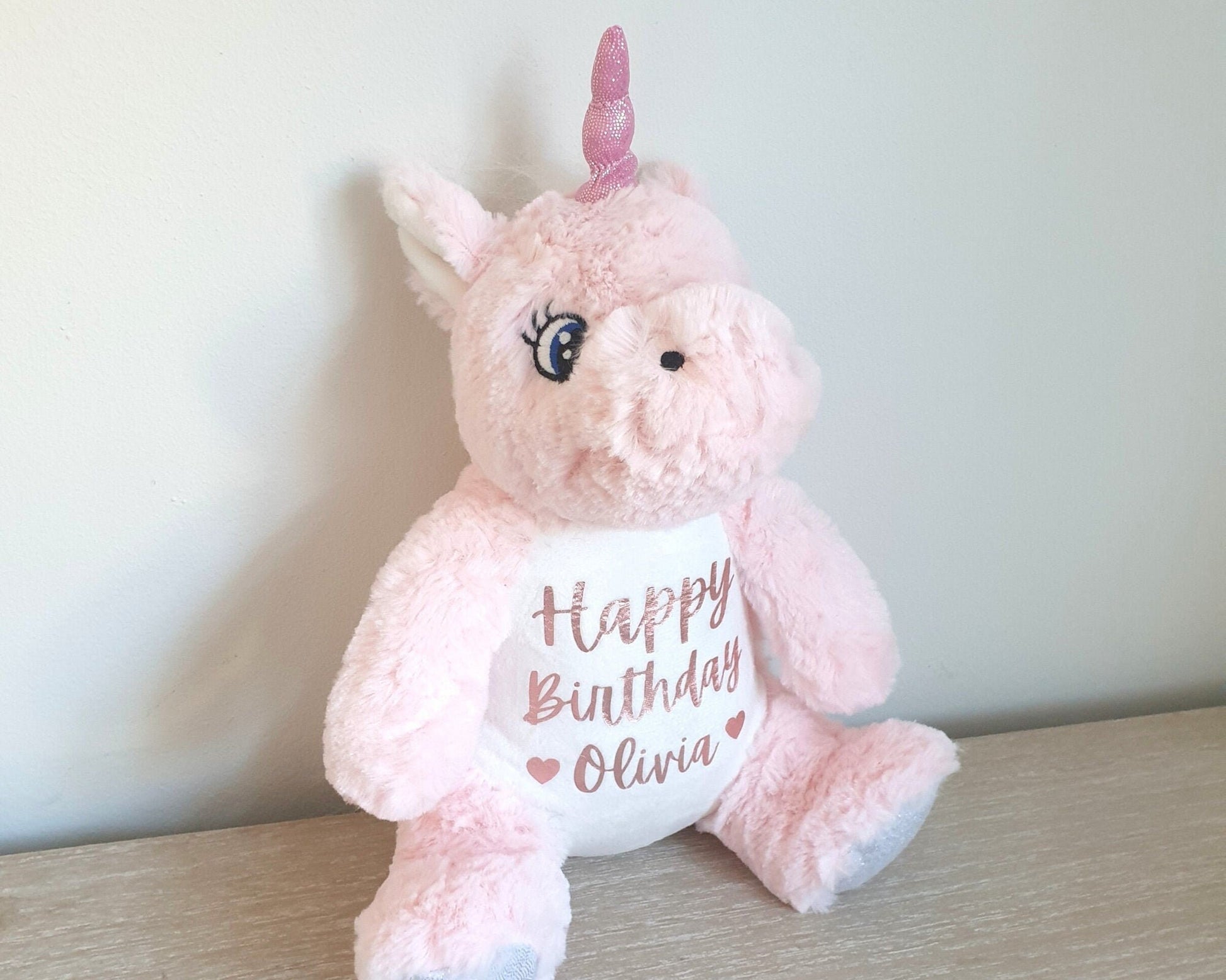 Happy Birthday Unicorn Personalised Soft Toy Girls Gift Toddler Rose Gold Party Present