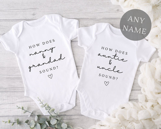 How Does Nanny & Grandad Sound Personalised Pregnancy Reveal Announcement Vest Bodysuit