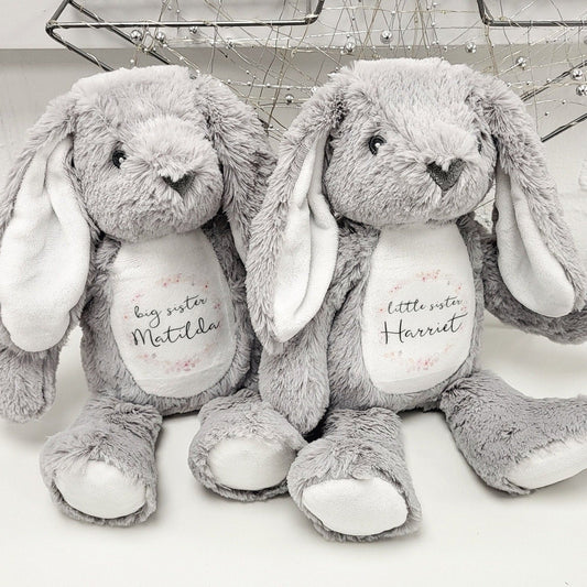 Sisters Personalised Soft Toy Bunny Teddy Gift Little & Big Sister New Baby Present