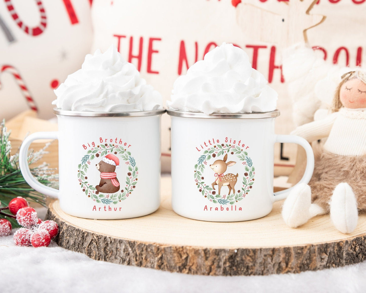 Personalised Children's Christmas Mug Enamel Kids Cup Big Brother Sister Gift