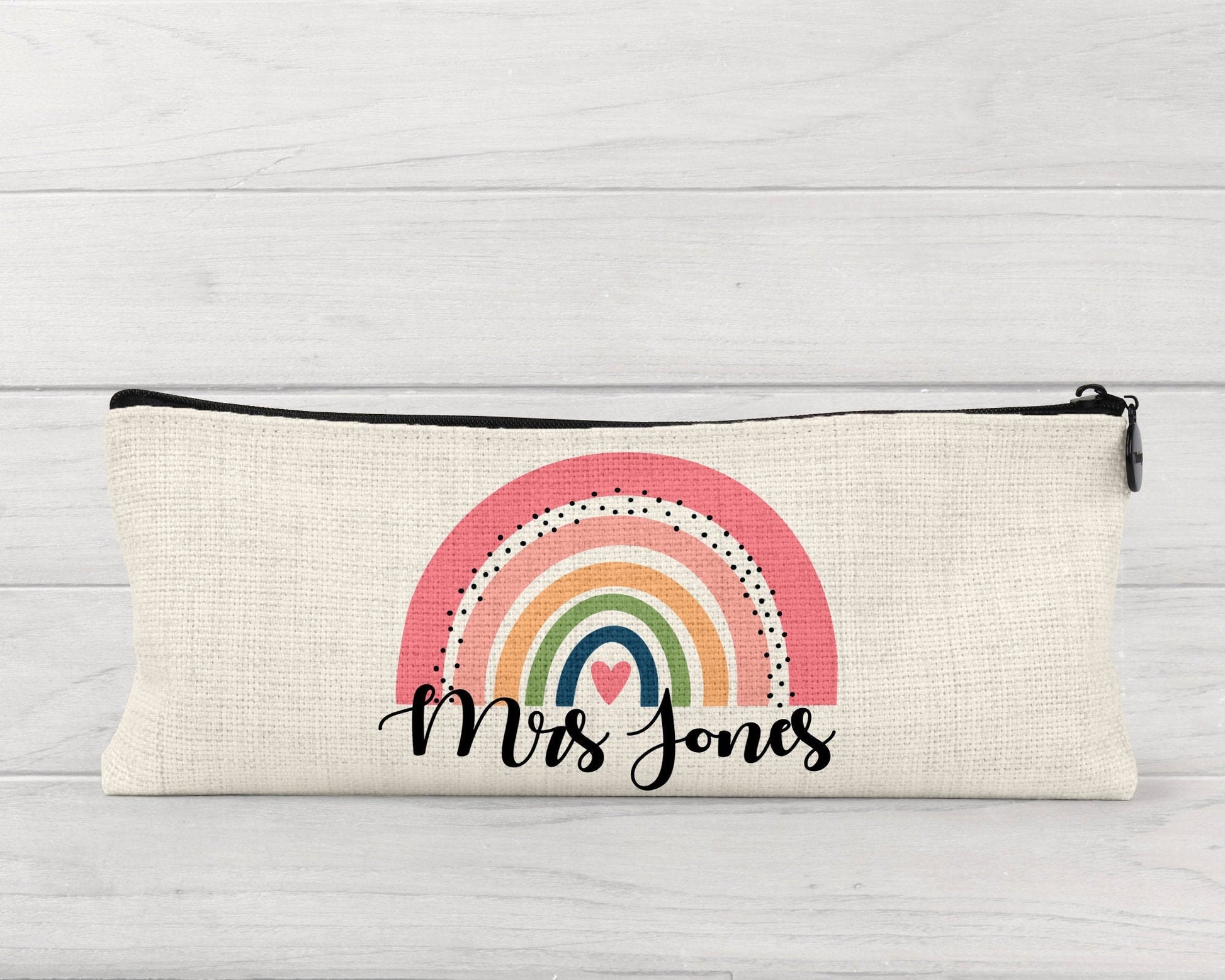 Personalised Teacher Pencil Case: Rainbow Design, Linen Zipper Pouch