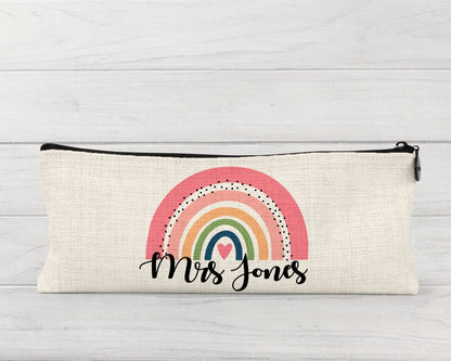 Personalised Teacher Pencil Case: Rainbow Design, Linen Zipper Pouch