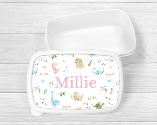 Personalised Lunch Snack Box Girls Dinosaur Back To School Nursery Pot