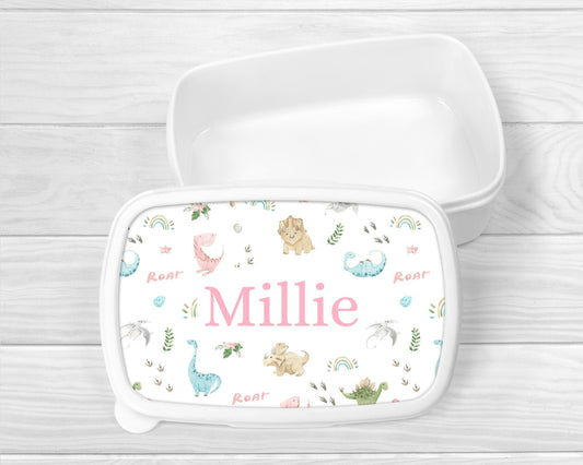 Personalised Lunch Snack Box Girls Dinosaur Back To School Nursery Pot