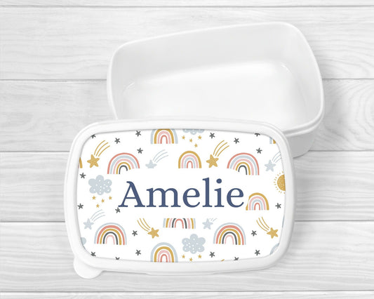 Personalised Lunch Snack Box Girls Rainbow Back To School Nursery Pot