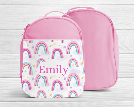 Personalised Lunch Bag Girls Pink Rainbow Back To School Nursery Lunch Box