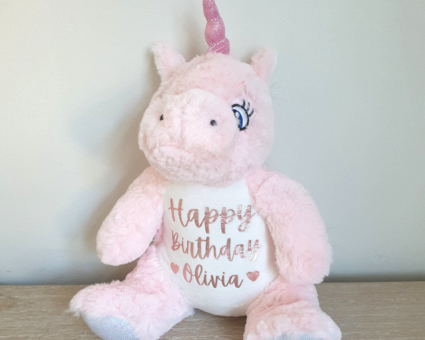 Happy Birthday Unicorn Personalised Soft Toy Girls Gift Toddler Rose Gold Party Present