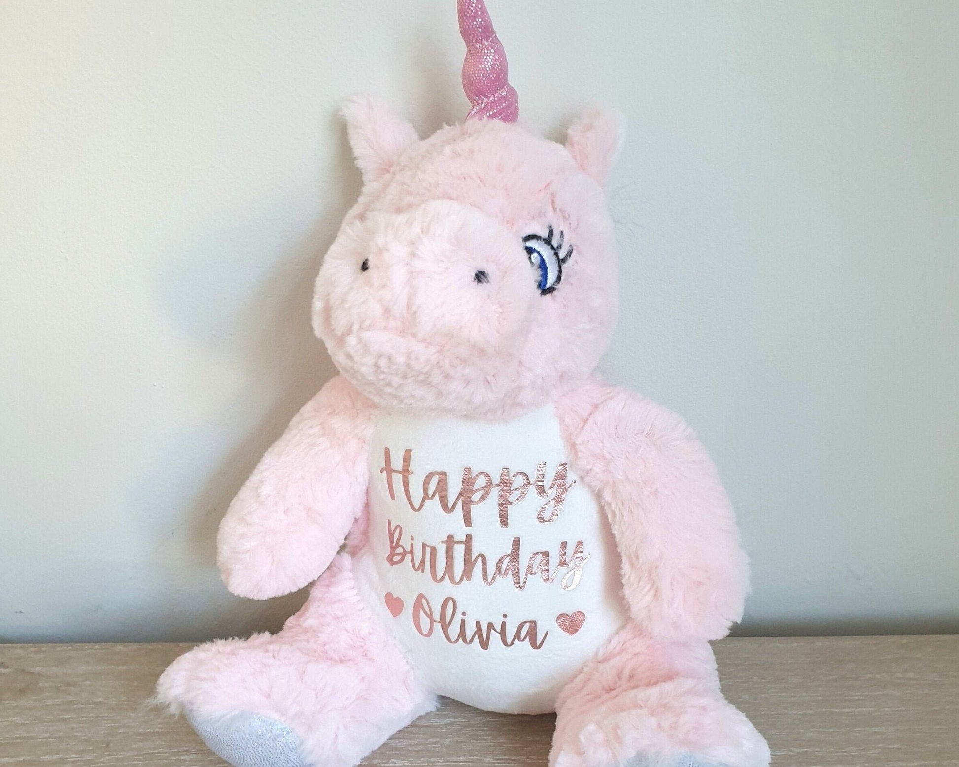 Happy Birthday Unicorn Personalised Soft Toy Girls Gift Toddler Rose Gold Party Present