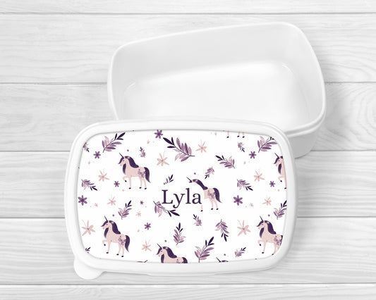 Personalised Lunch Snack Box Unicorn Purple Back To School Nursery Pot