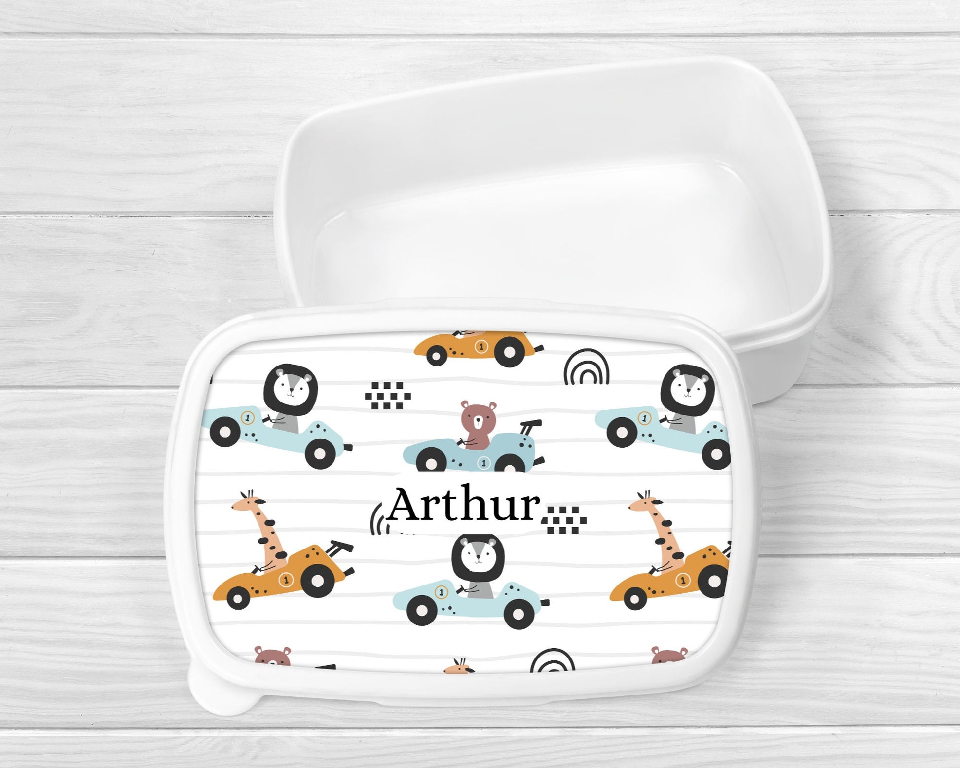 Personalised Lunch Snack Box Safari Animal Cars Back To School Nursery Pot