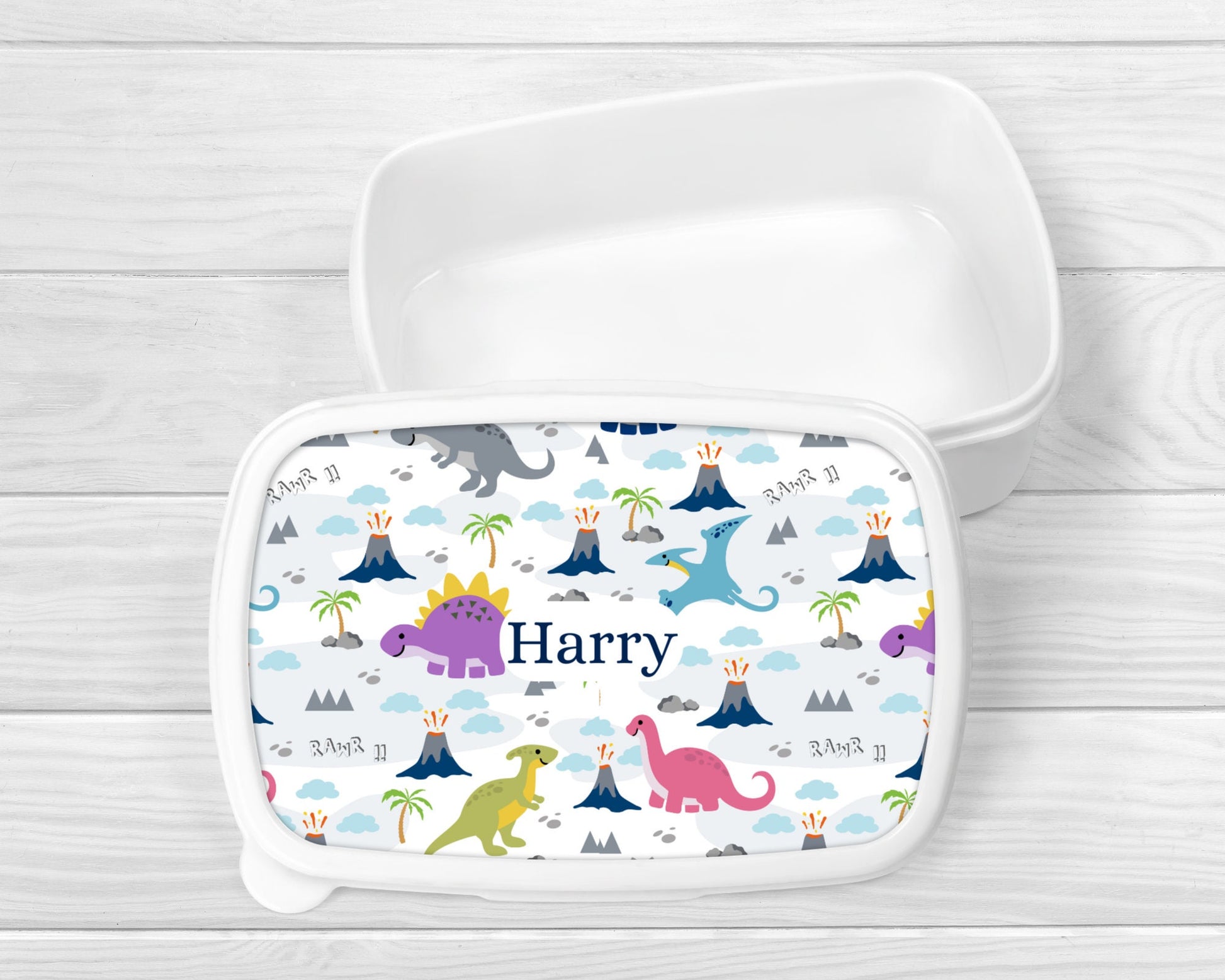 Personalised Lunch Snack Box Colourful Dinosaur Back To School Nursery Pot