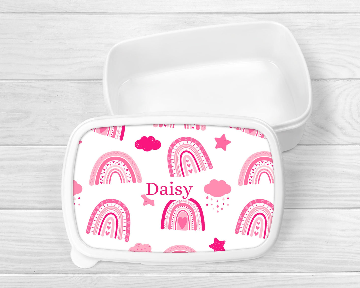 Personalised Lunch Snack Box Pink Rainbow Back To School Nursery Pot