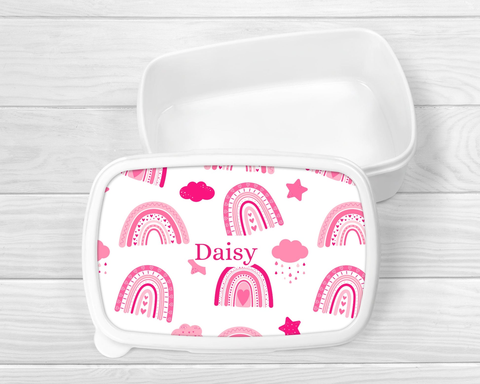 Personalised Lunch Snack Box Pink Rainbow Back To School Nursery Pot