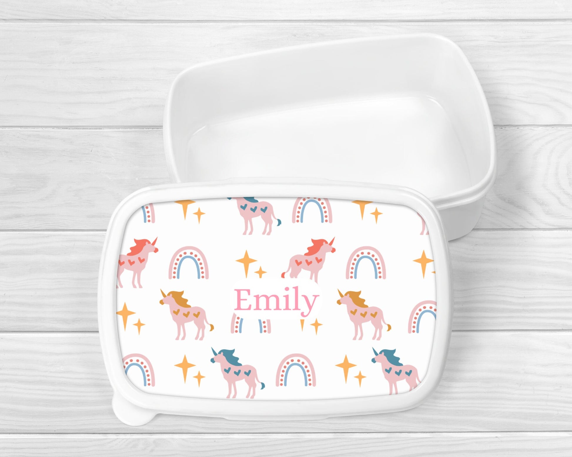 Personalised Lunch Snack Box Unicorn Rainbow Back To School Nursery Pot