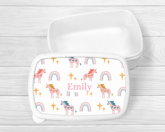 Personalised Lunch Snack Box Unicorn Rainbow Back To School Nursery Pot