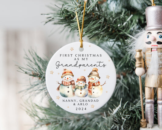 First Christmas As Grandparents Bauble Ornament Personalised Snowman Family Xmas Decoration Gift