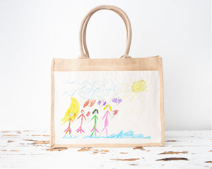 Children's Drawing Personalised Shopping Bag Jute Nanny Granny Own Child's Art Birthday Gift