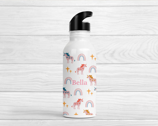 Personalised Kids Water Bottle Girls Pink Unicorn Back To School Nursery Straw Drink