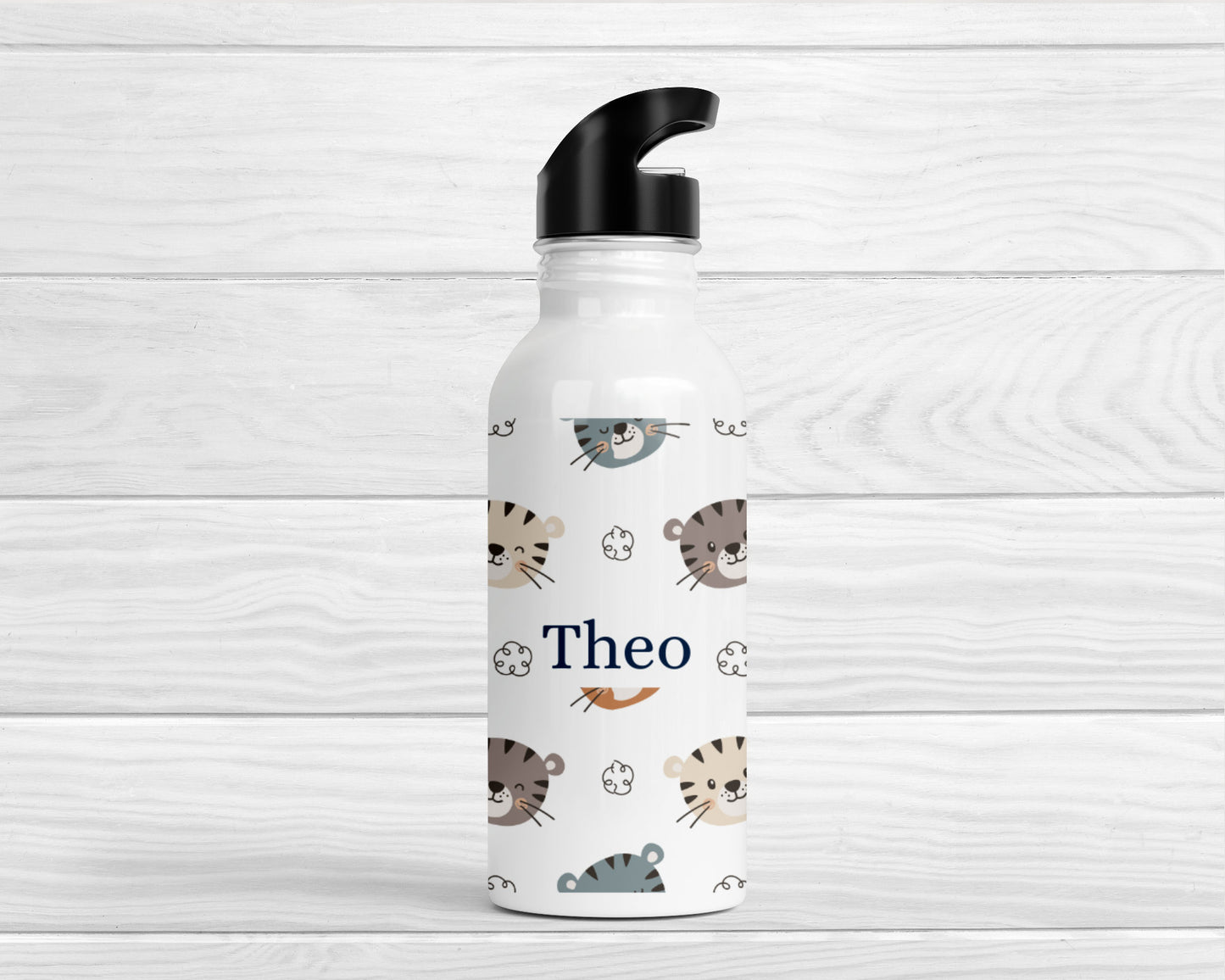 Personalised Kids Water Bottle Tiger Safari Back To School Nursery Straw Drink