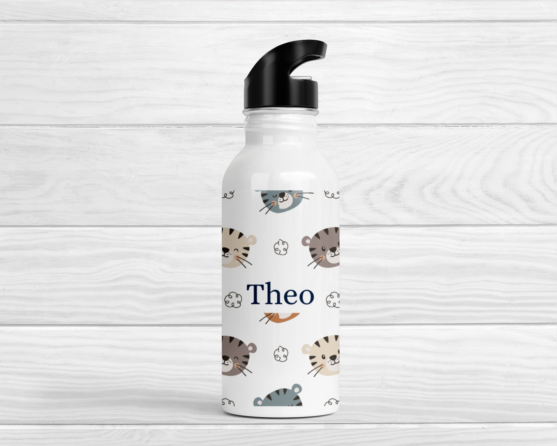 Personalised Kids Water Bottle Tiger Safari Back To School Nursery Straw Drink