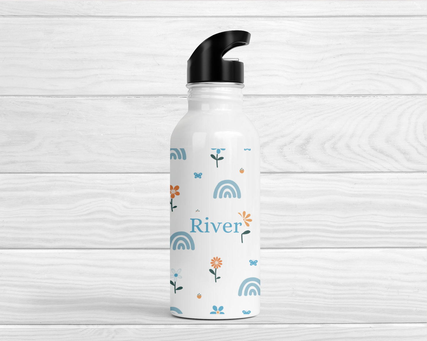 Personalised Kids Water Bottle Girls Blue Rainbow Back To School Nursery Straw Drink