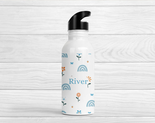 Personalised Kids Water Bottle Girls Blue Rainbow Back To School Nursery Straw Drink