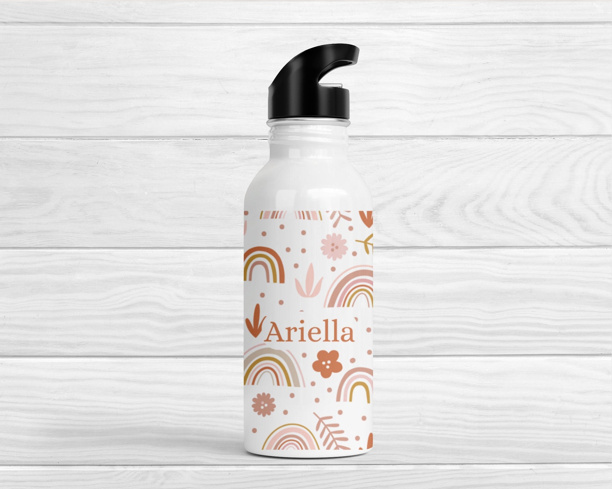 Personalised Kids Water Bottle Girls Scandi Rainbow Back To School Nursery Straw Drink
