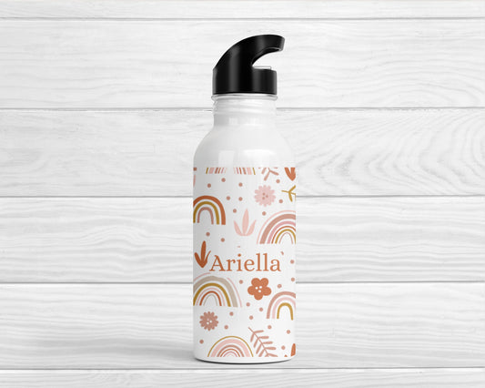 Personalised Kids Water Bottle Girls Scandi Rainbow Back To School Nursery Straw Drink