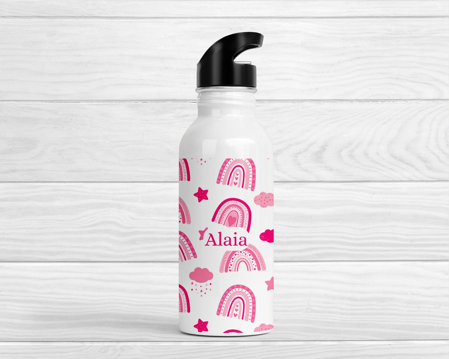 Personalised Kids Water Bottle Girls Pink Rainbow Back To School Nursery Straw Drink