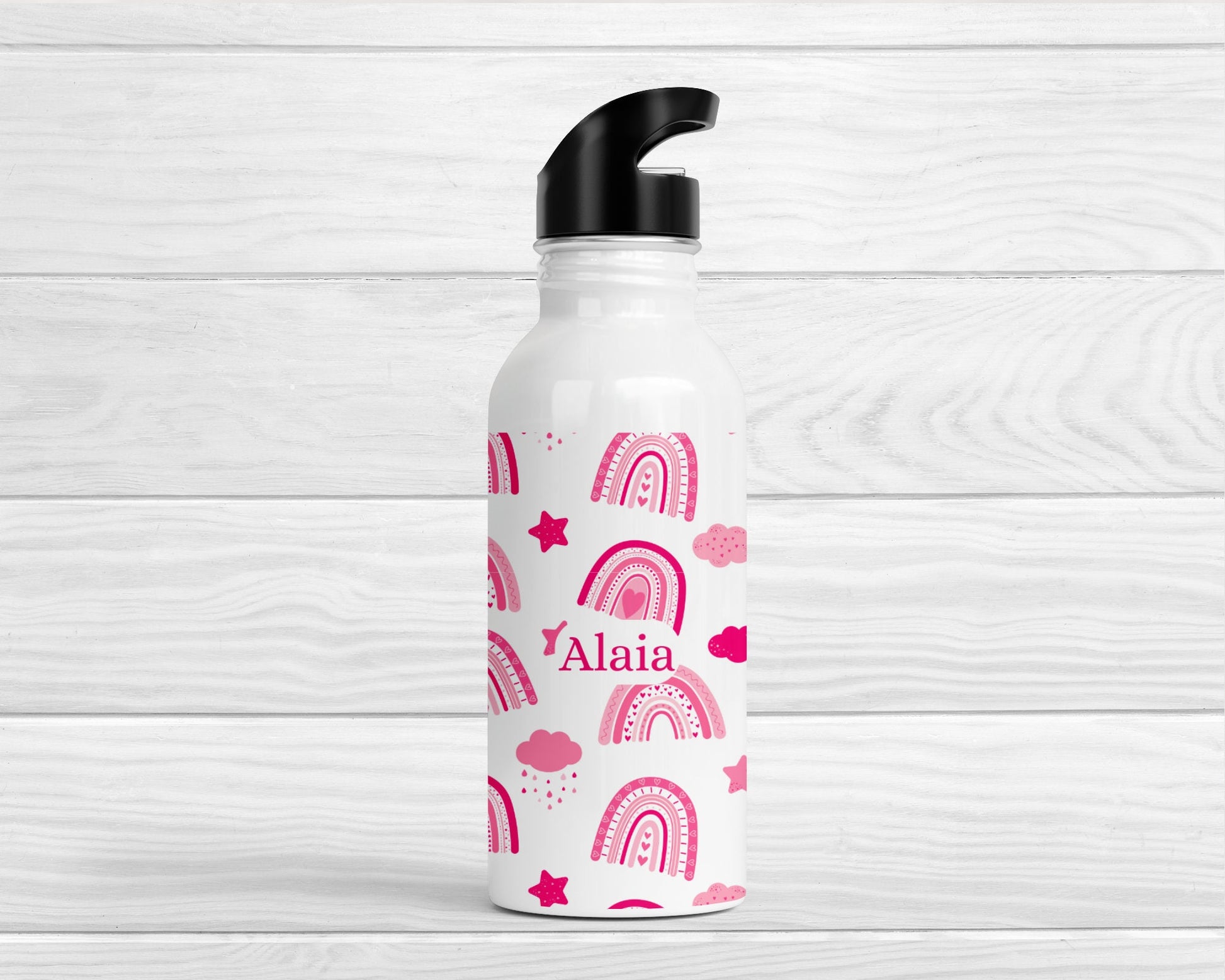 Personalised Kids Water Bottle Girls Pink Rainbow Back To School Nursery Straw Drink
