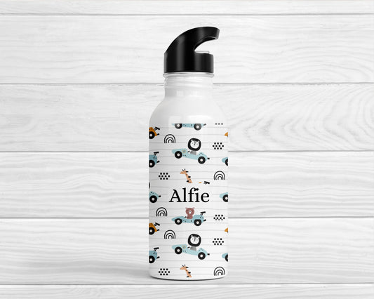 Personalised Kids Water Bottle Safari Animal Cars Back To School Nursery Straw Drink