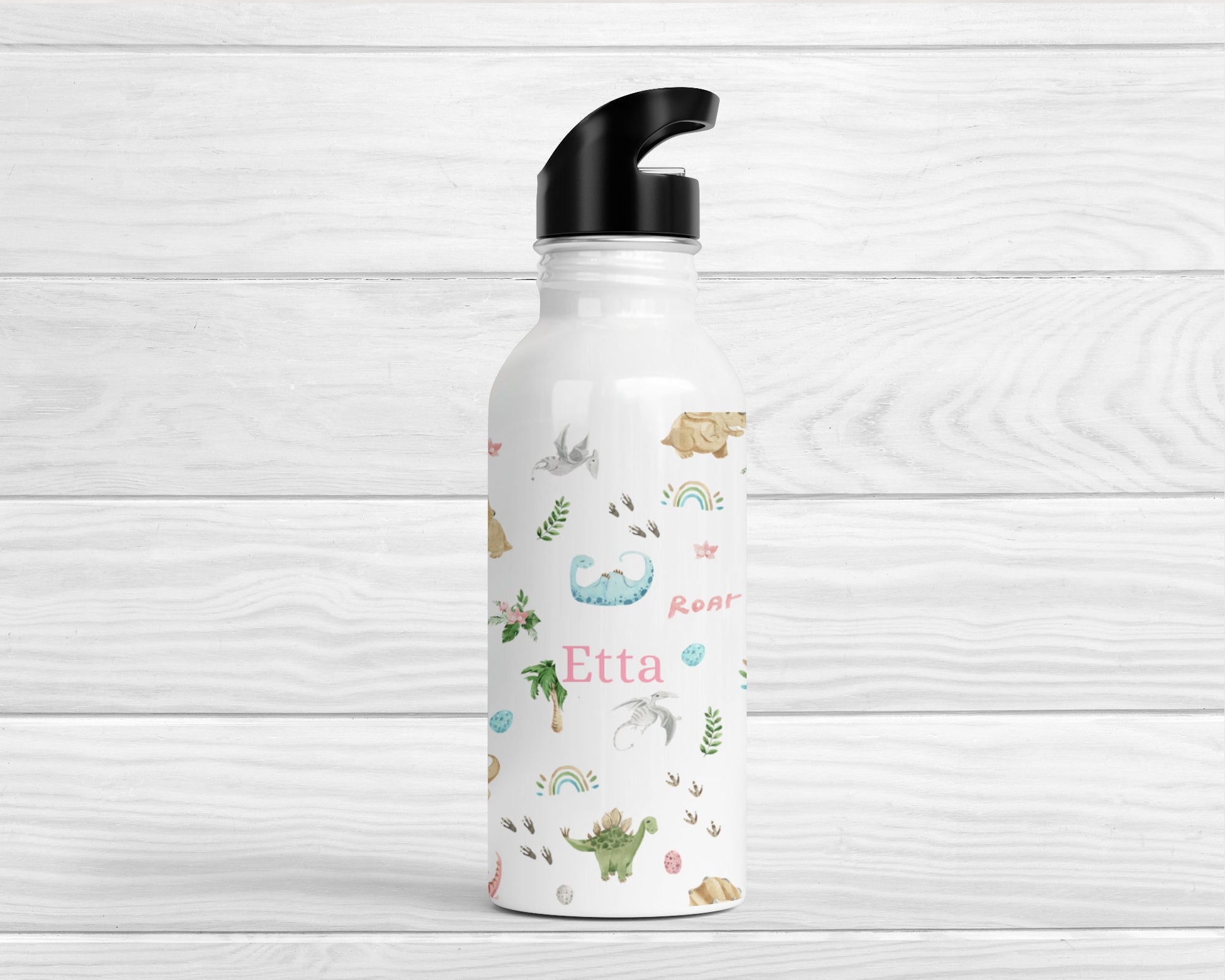 Personalised Kids Water Bottle Girls Pink Dinosaur Back To School Nursery Straw Drink