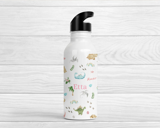 Personalised Kids Water Bottle Girls Pink Dinosaur Back To School Nursery Straw Drink