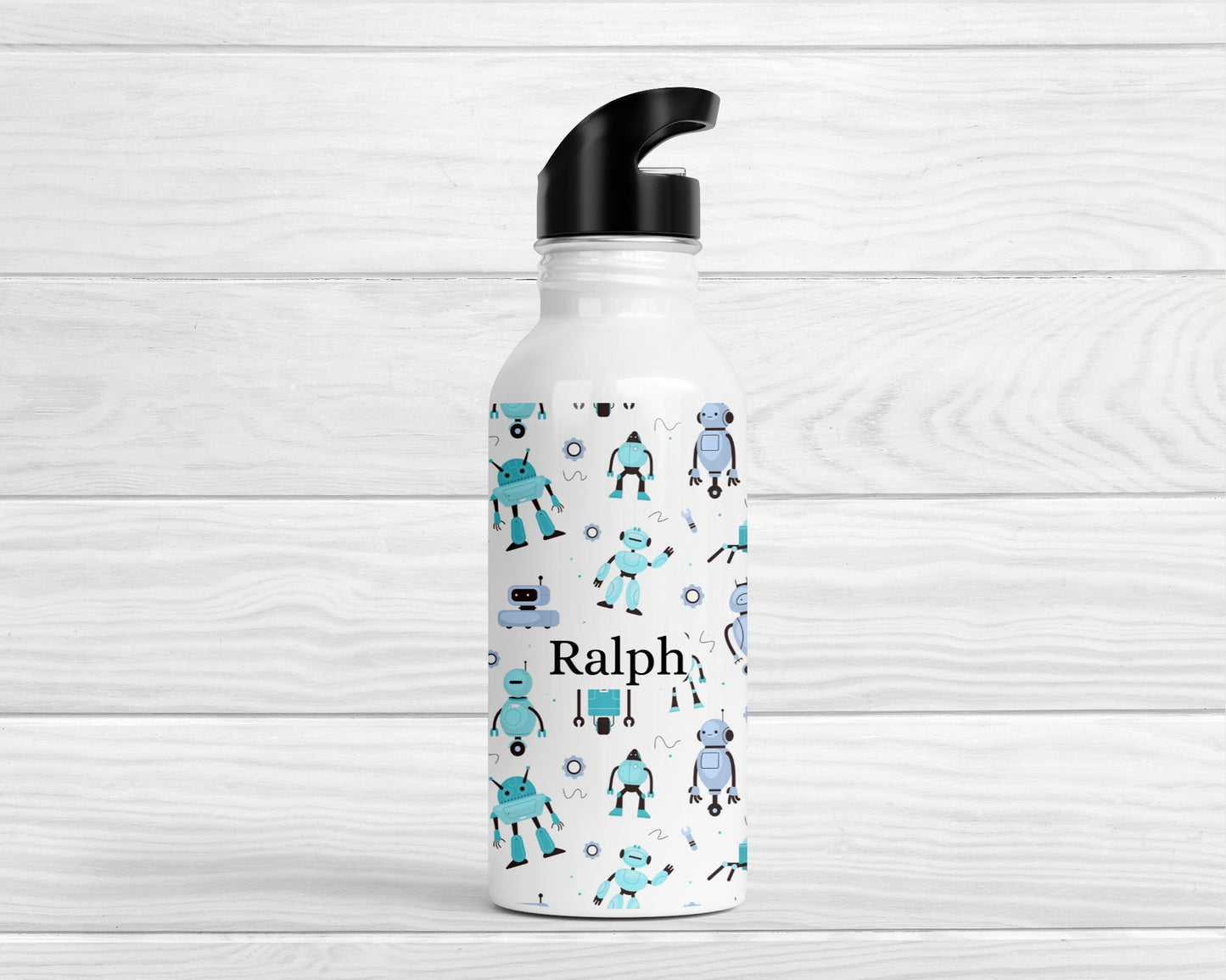Personalised Kids Water Bottle Blue Robot Back To School Nursery Straw Drink