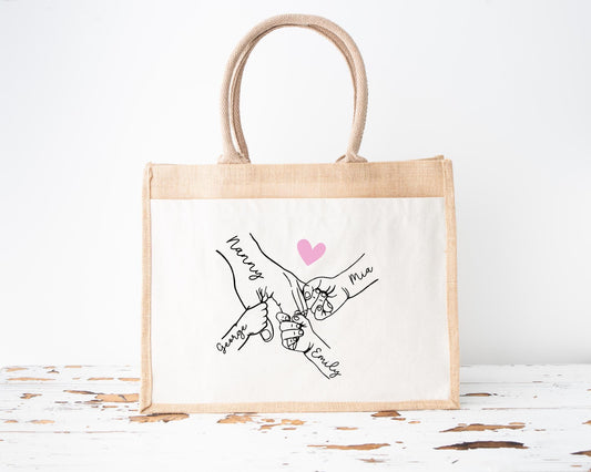 Mother's Day Personalised Shopping Bag Holding Hands Grandchildren Children Mummy Nanny Grandma Birthday Jute Gift
