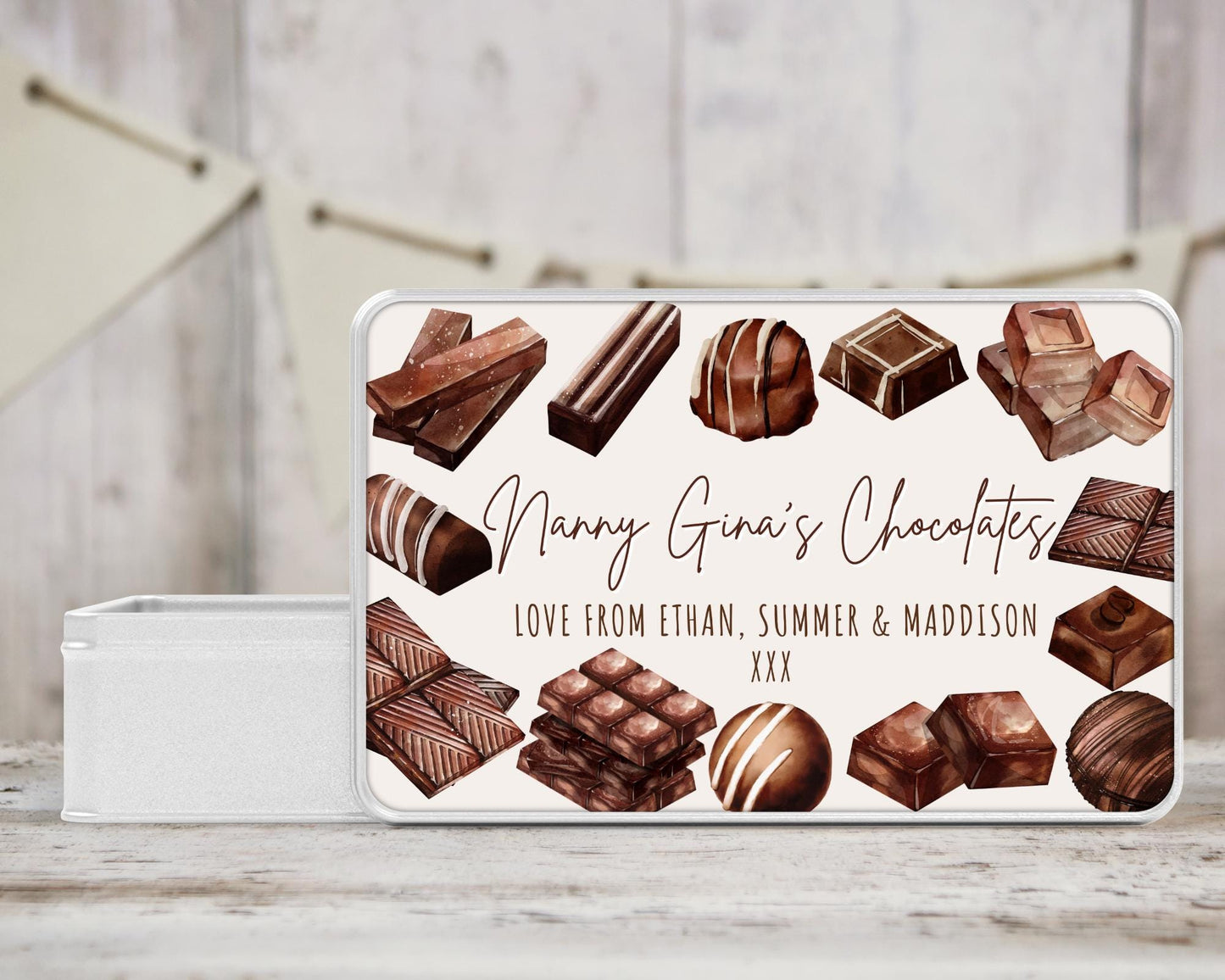 Personalised Chocolate Tin Birthday Gift For Chocoholic Grandparents, Nanny, Grandma Etc