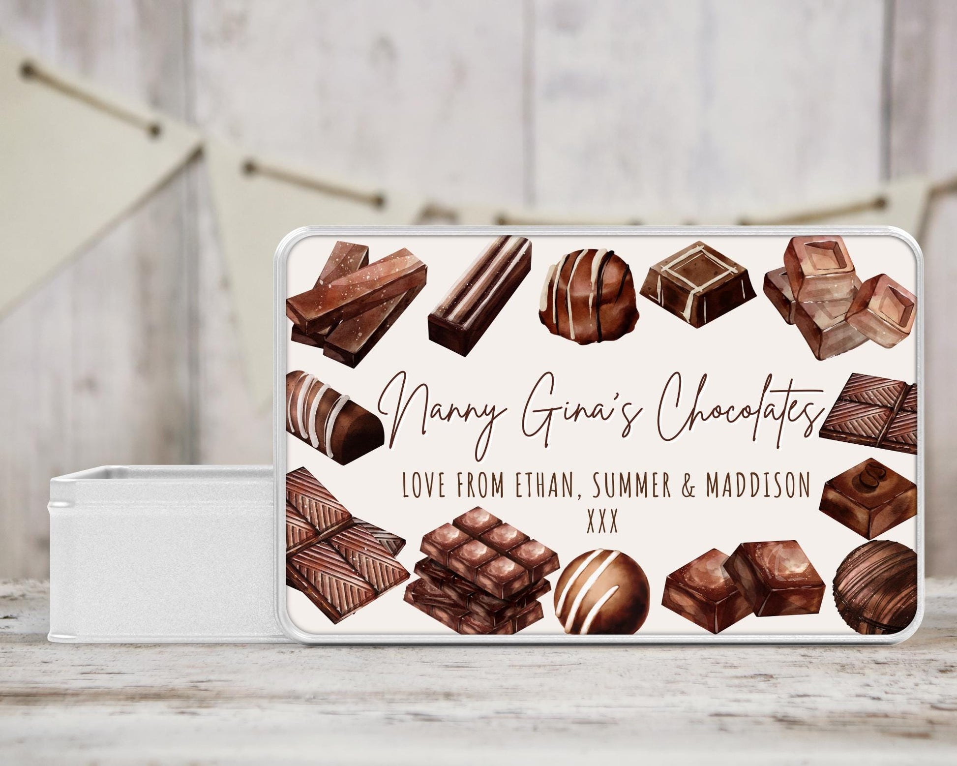 Personalised Chocolate Tin Birthday Gift For Chocoholic Grandparents, Nanny, Grandma Etc