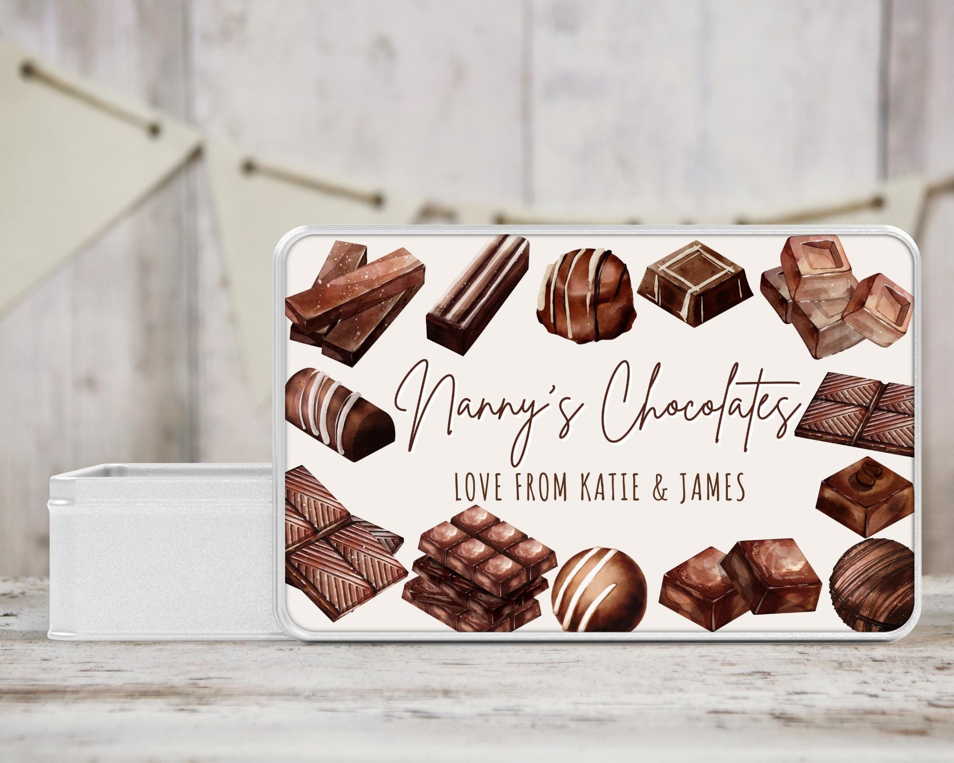 Personalised Chocolate Tin Birthday Gift For Chocoholic Grandparents, Nanny, Grandma Etc