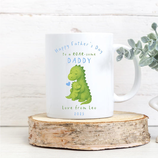 Father's Day Mug Personalised Super Daddy Cute Baby & Dad Dinosaur Gift