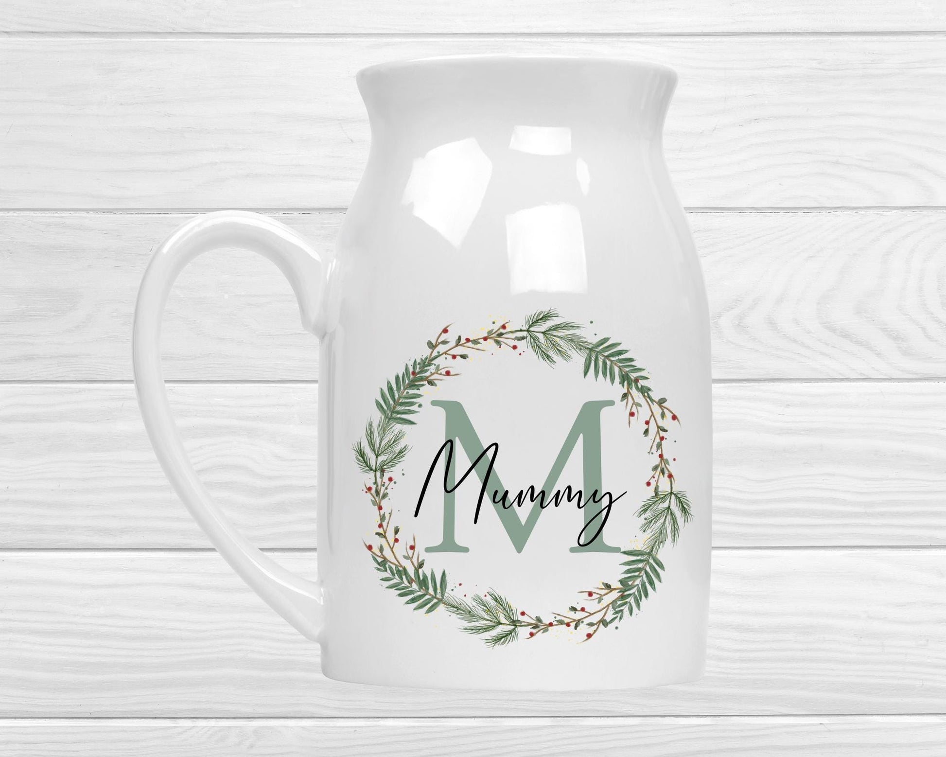 Personalised Christmas Vase - Nanny, Grandma, Nana Keepsake - Ceramic Flower Jug Gift - Xmas Wreath Name
