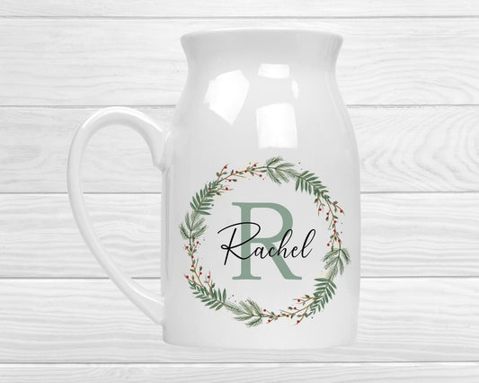 Personalised Christmas Vase - Nanny, Grandma, Nana Keepsake - Ceramic Flower Jug Gift - Xmas Wreath Name