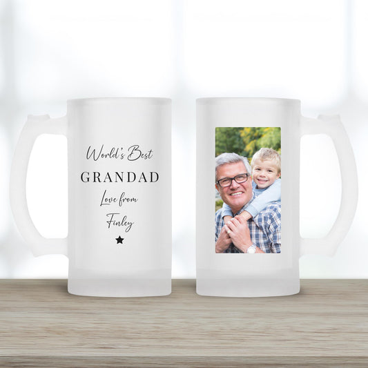 Personalised Beer Glass - World's Best Grandad - Grandpa Birthday Gift - Photo Gift Grampy - Drink Stein Present