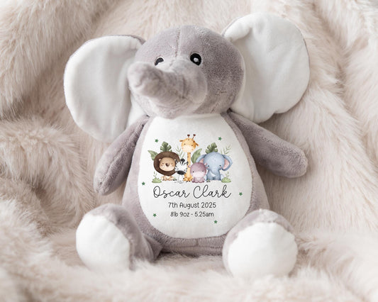 New Baby Personalised Elephant Birth Details Soft Toy Gift From Auntie, Grandparents