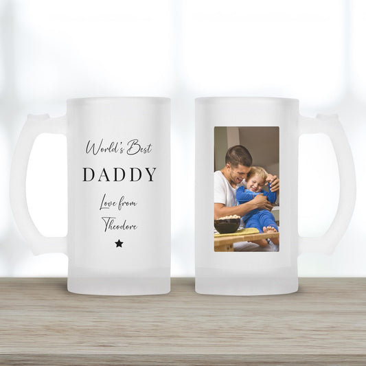 Personalised Beer Glass - World's Best Daddy - Dad Birthday Gift - Photo Gift For Him - Drink Stein Present
