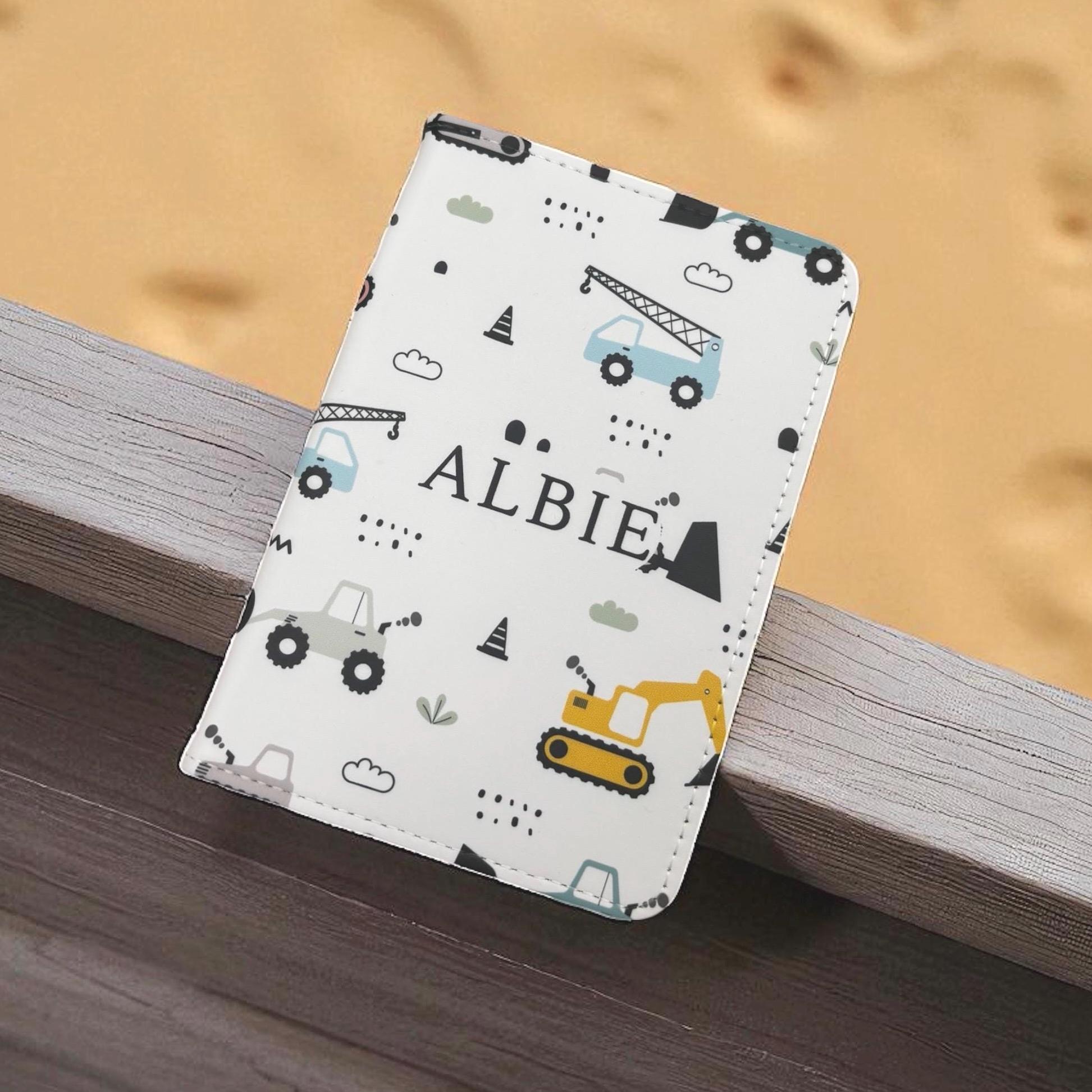 Personalised Passport Cover Kids Diggers Construction Boys Girls Travel Documents Holder Gift