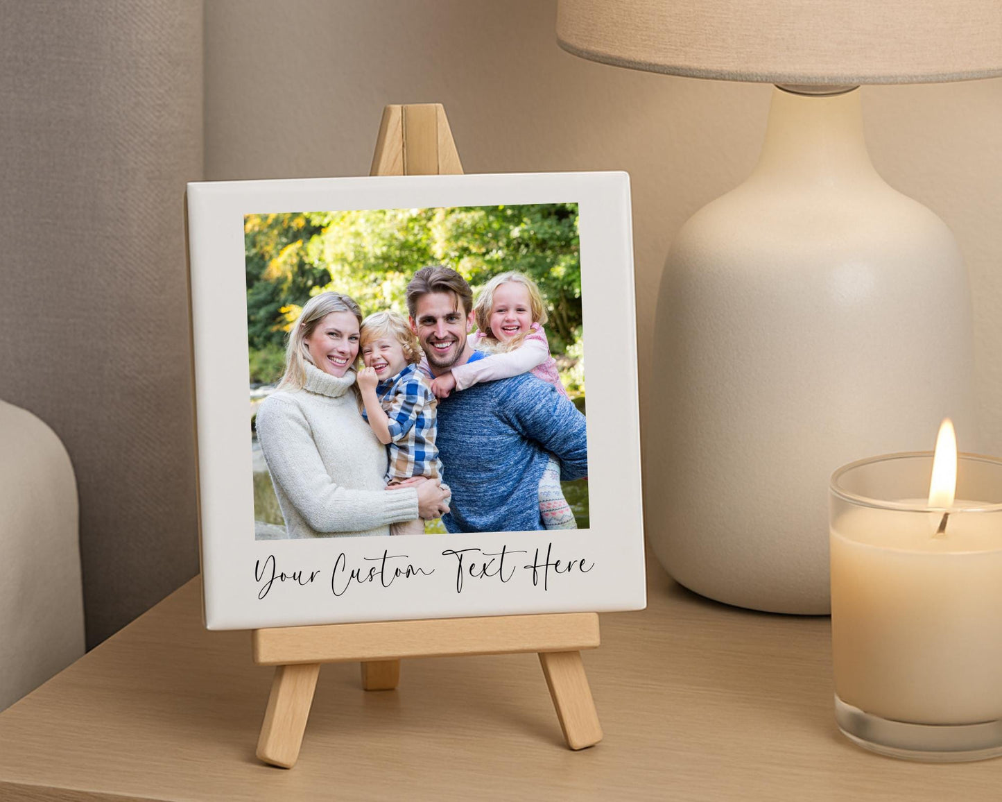 Personalised Ceramic Photo Tile With Text Polaroid Style Gift